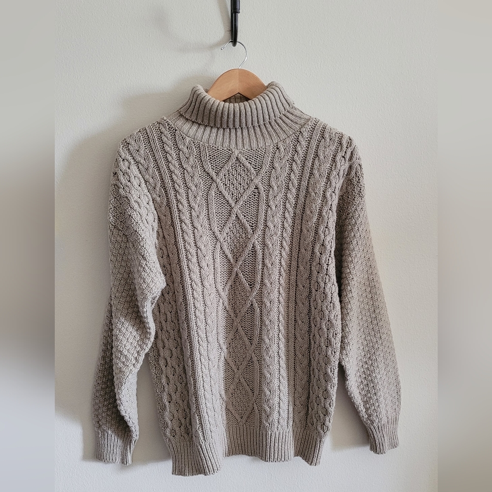 Vtg Nisha Chunky Cotton Cable Knit Turtleneck Sweater, Women's XL, Tan